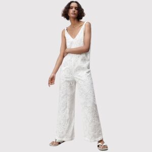 ZARA Womens Jumpsuit White Floral Eyelet V Neck Sleeveless Wide Leg Boho Large